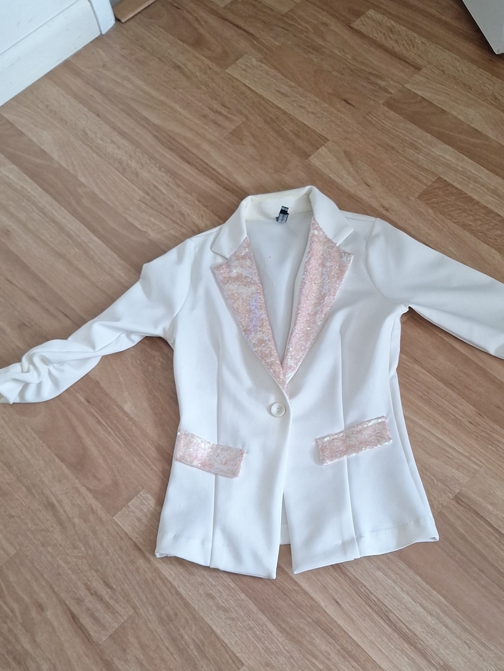 Poof Couture White Blazer with Pink Sequin Trim